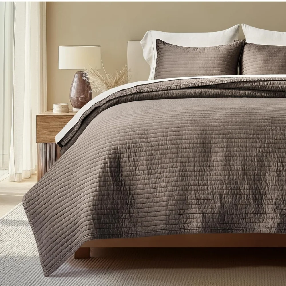 EVERGRACEHOME Cotton Sateen Quilt Set King Size, Pre-Washed Cotton Channel Stitc